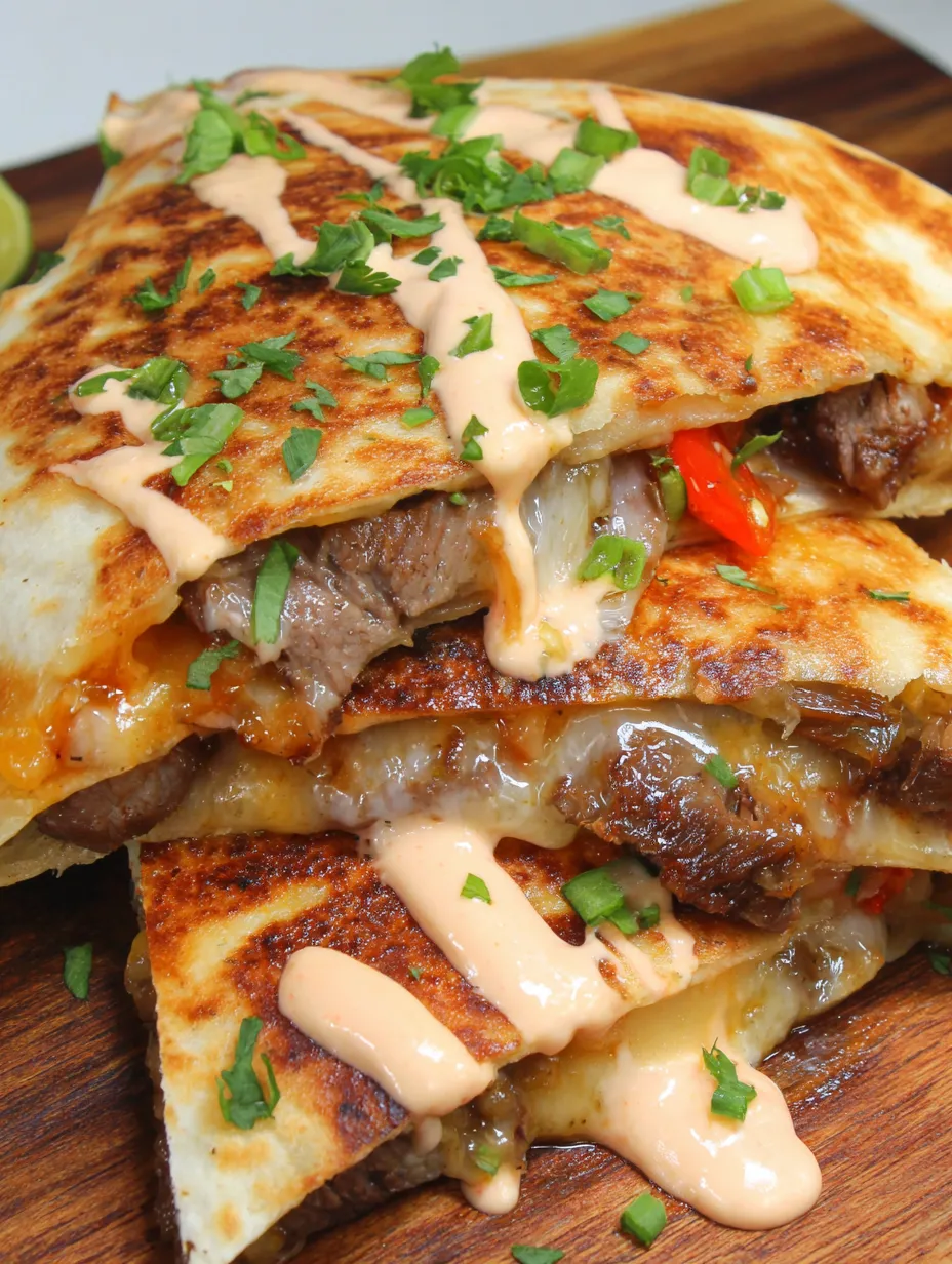 Cheese-crusted steak quesadillas with chipotle lime mayo.