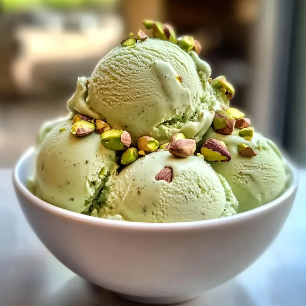 A bowl of green ice cream with nuts on top.