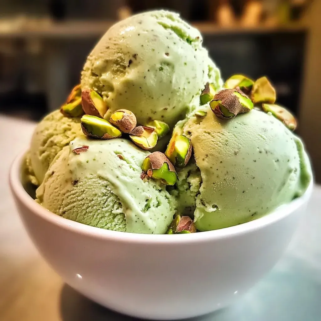 A bowl of green ice cream with pistachio nuts on top.
