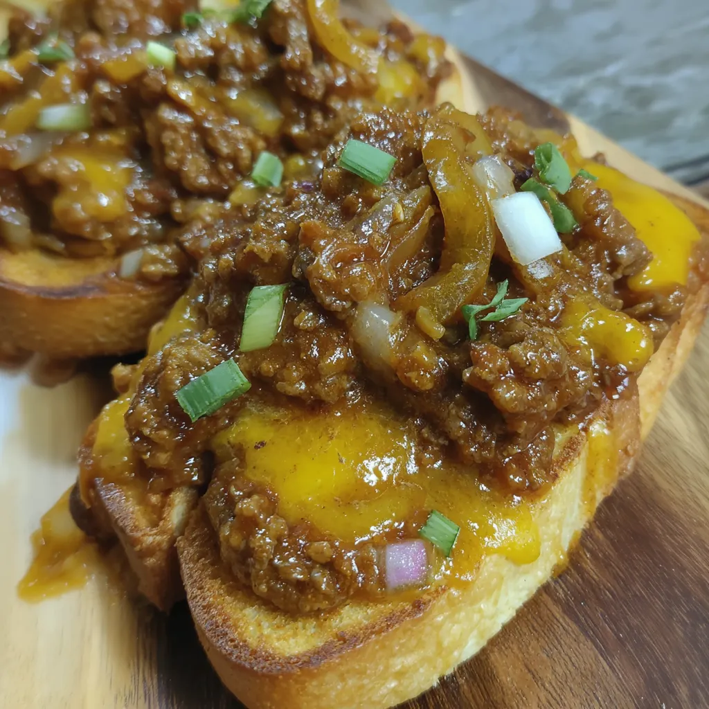 A slice of Texas Toast with Sloppy Joes on top.
