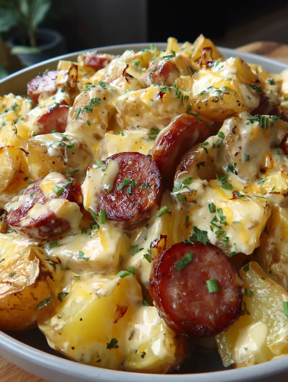 A plate of cheesy ranch potatoes and smoked sausage.