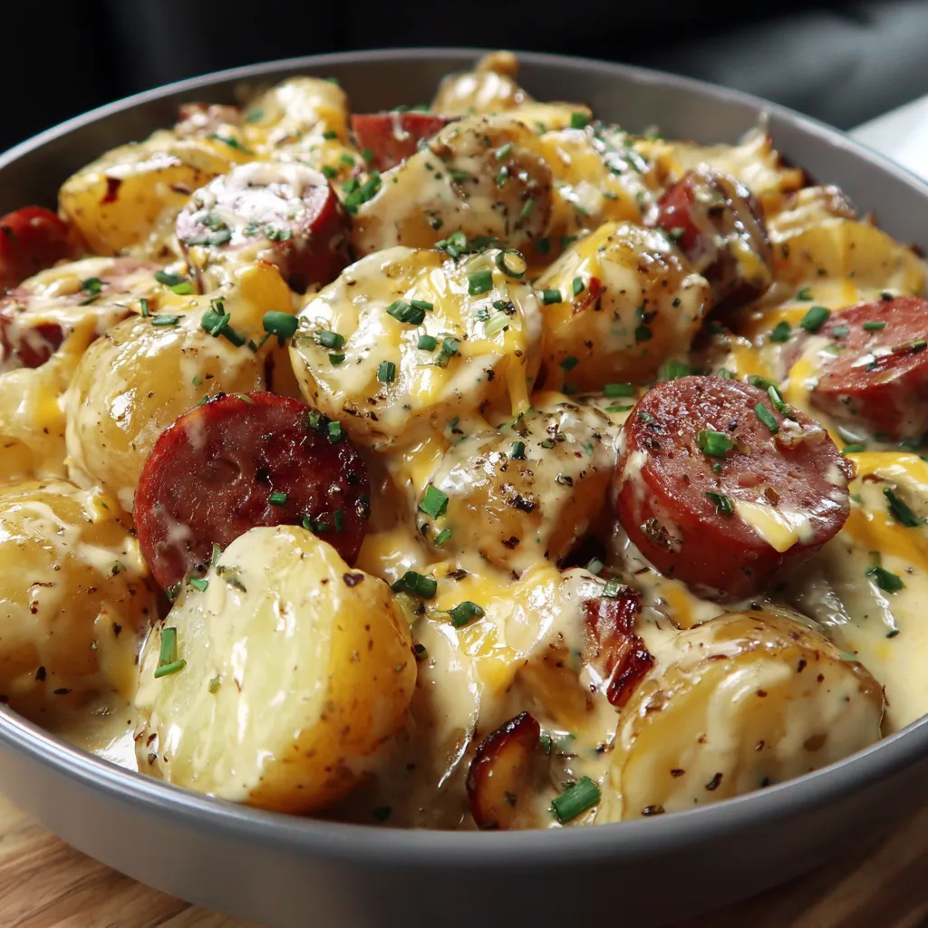 A bowl of cheesy ranch potatoes and smoked sausage.