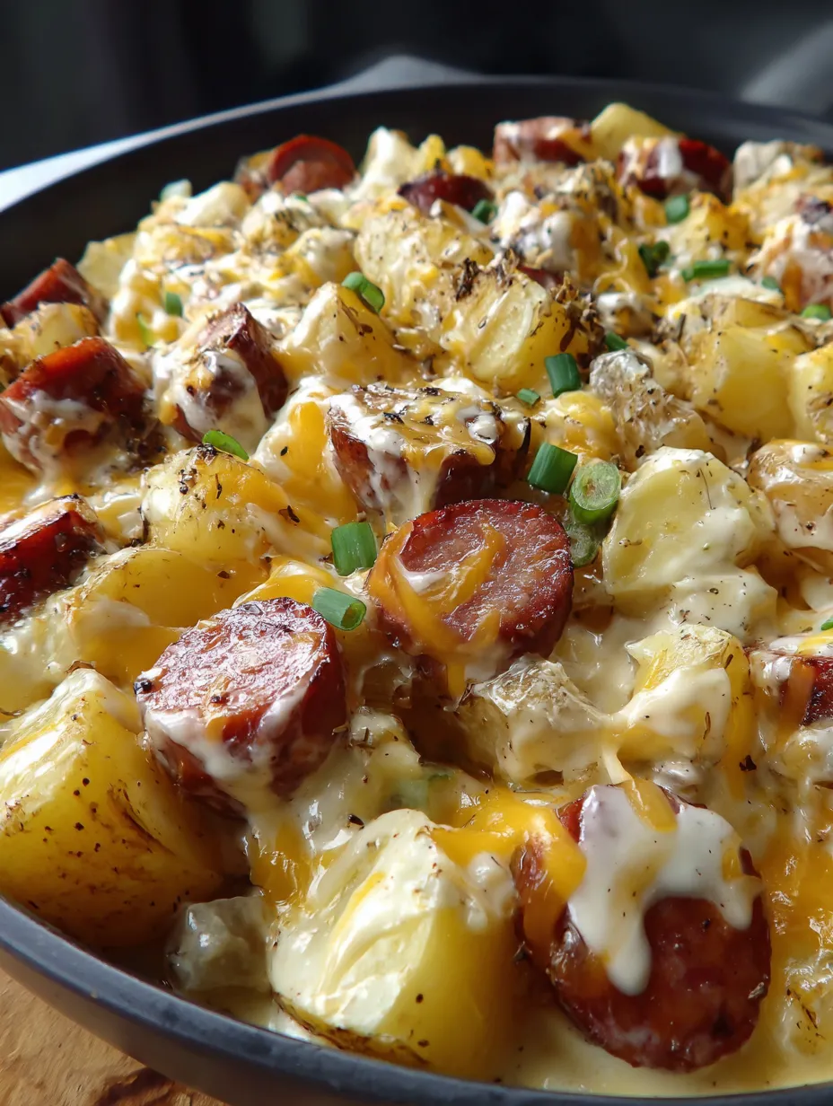 A delicious cheesy ranch potatoes and smoked sausage dish.