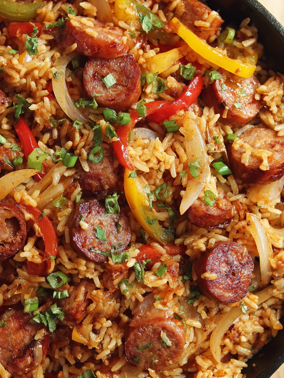 A skillet of sausage and rice.
