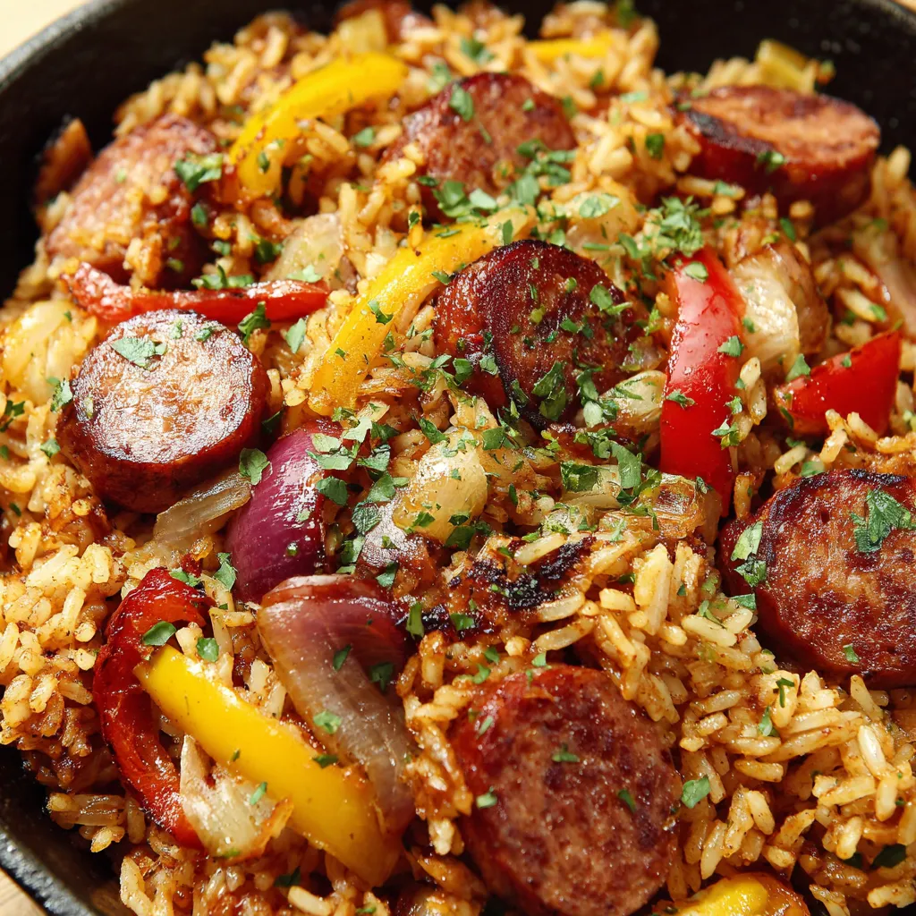 A skillet full of sausage and rice.