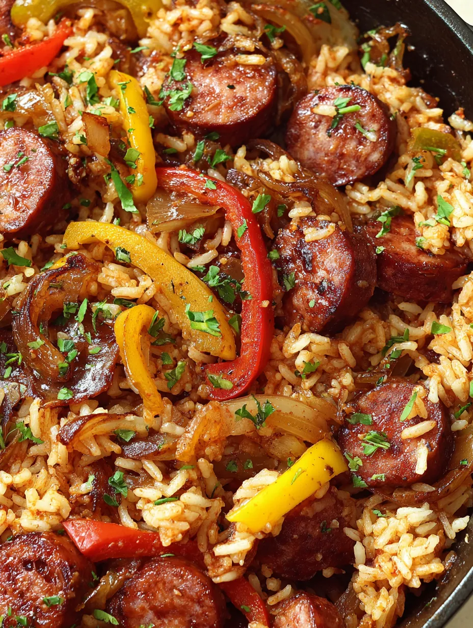 A skillet of sausage and rice.