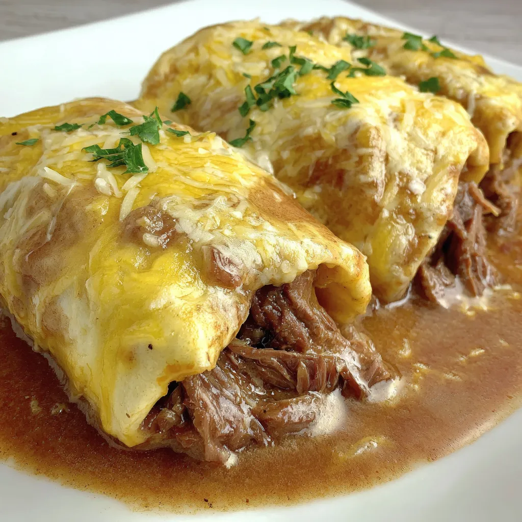 Two burritos with meat and cheese on a white plate.
