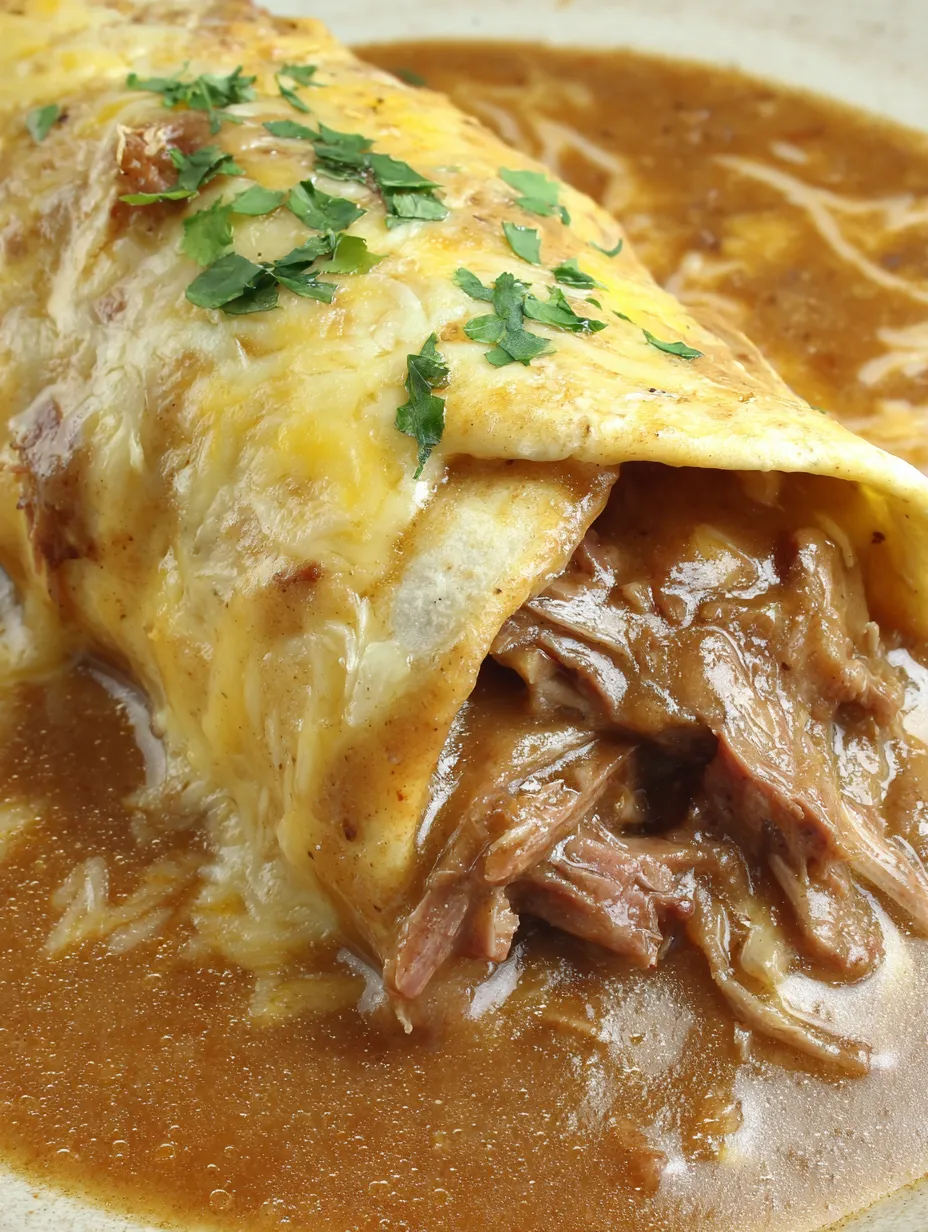 A burrito with meat and cheese in a brown sauce.