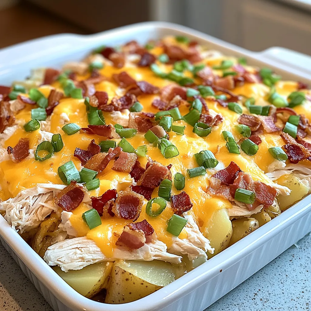 A dish of bacon and cheese covered potatoes.