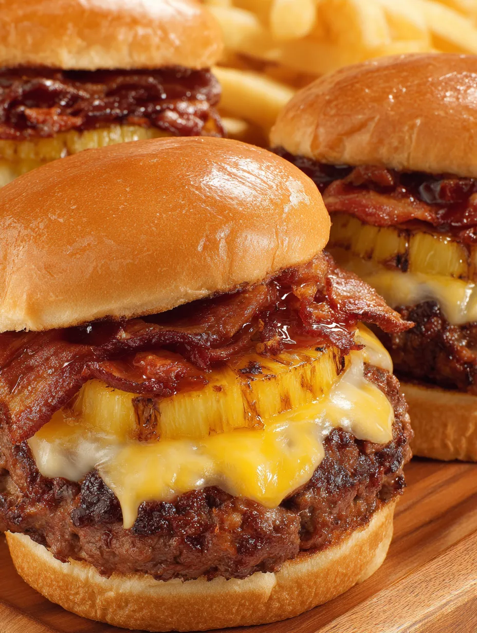 A pineapple bacon burger with cheese.