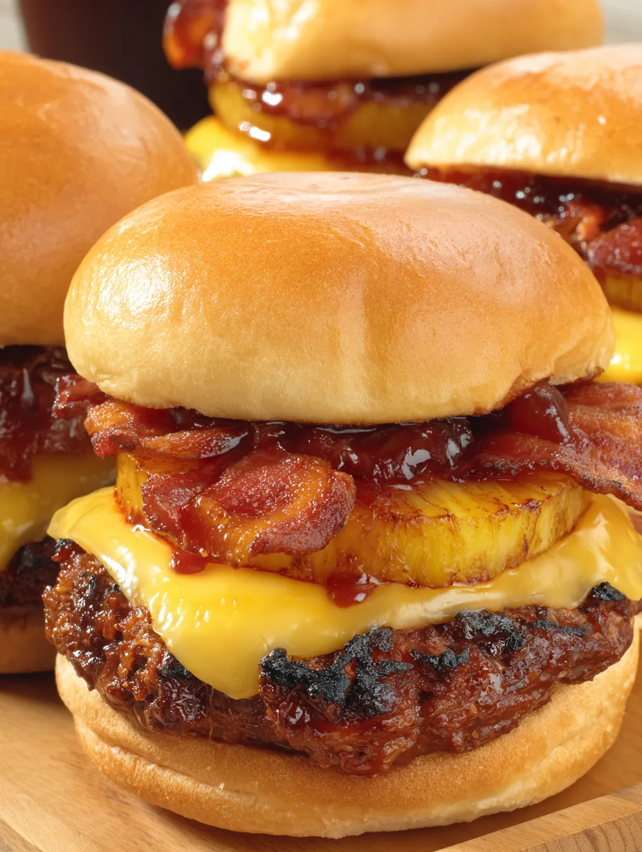 A close up of a pineapple bacon burger.