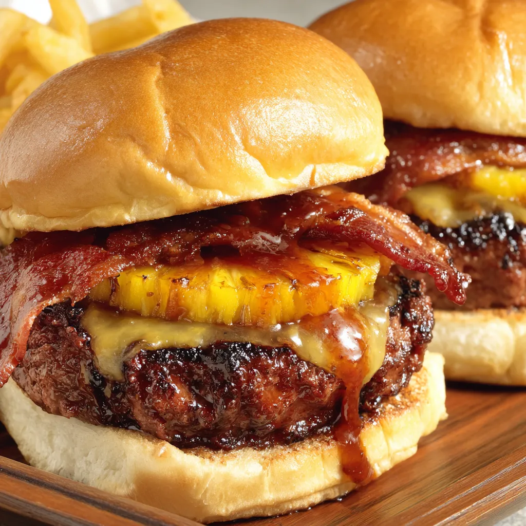 Two burgers with bacon and pineapple on top.