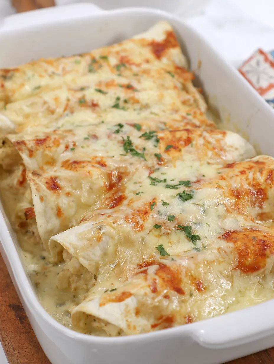 A white dish filled with chicken enchiladas.