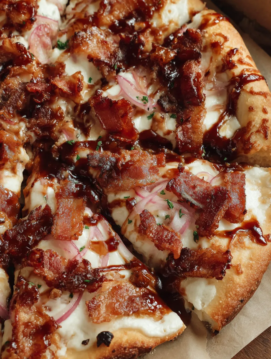 A slice of barbecue bacon pizza.