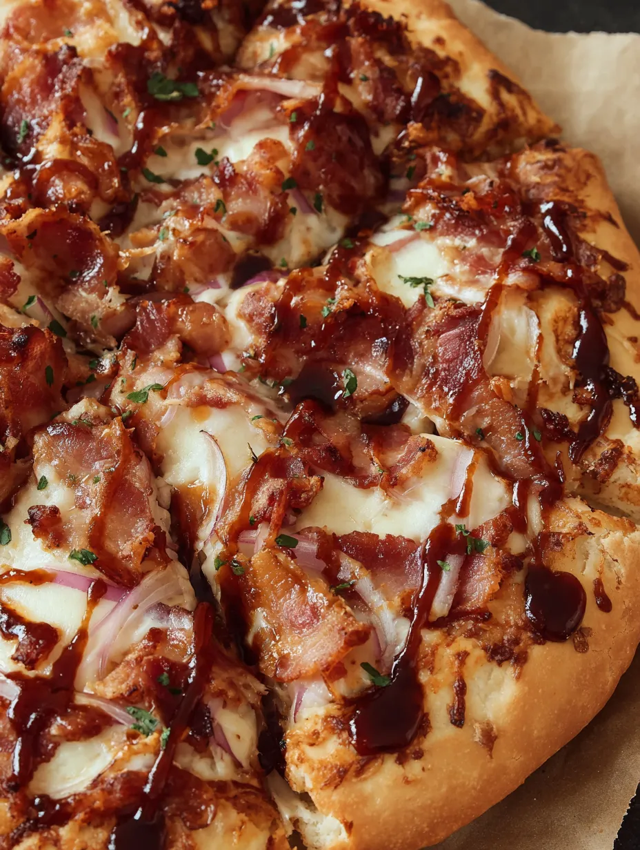 A slice of barbecue bacon pizza.