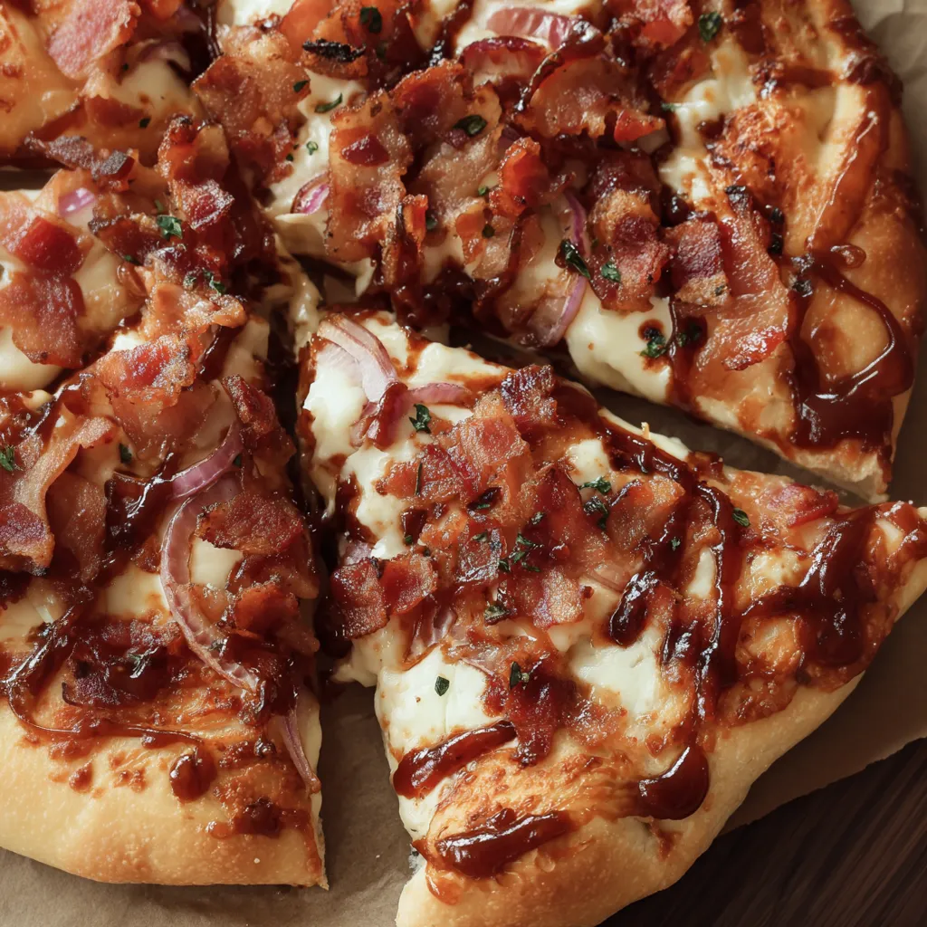 A slice of barbecue bacon pizza.