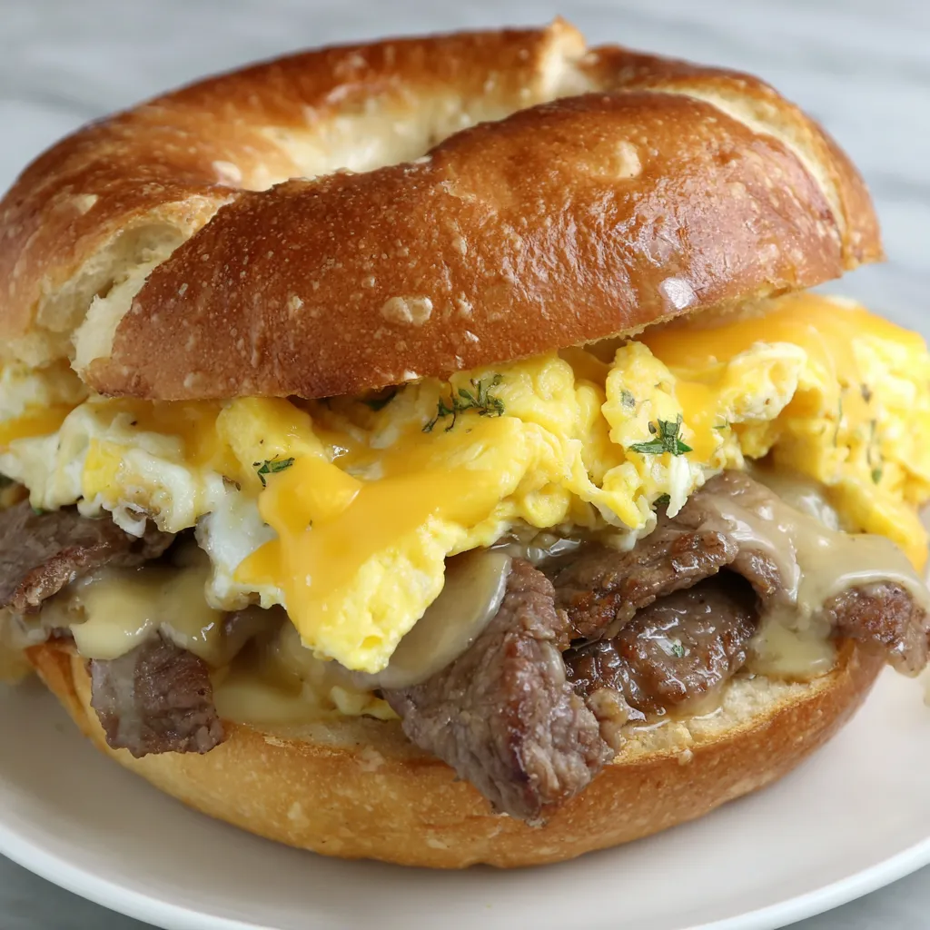 A copycat McDonald's steak egg and cheese bagel.