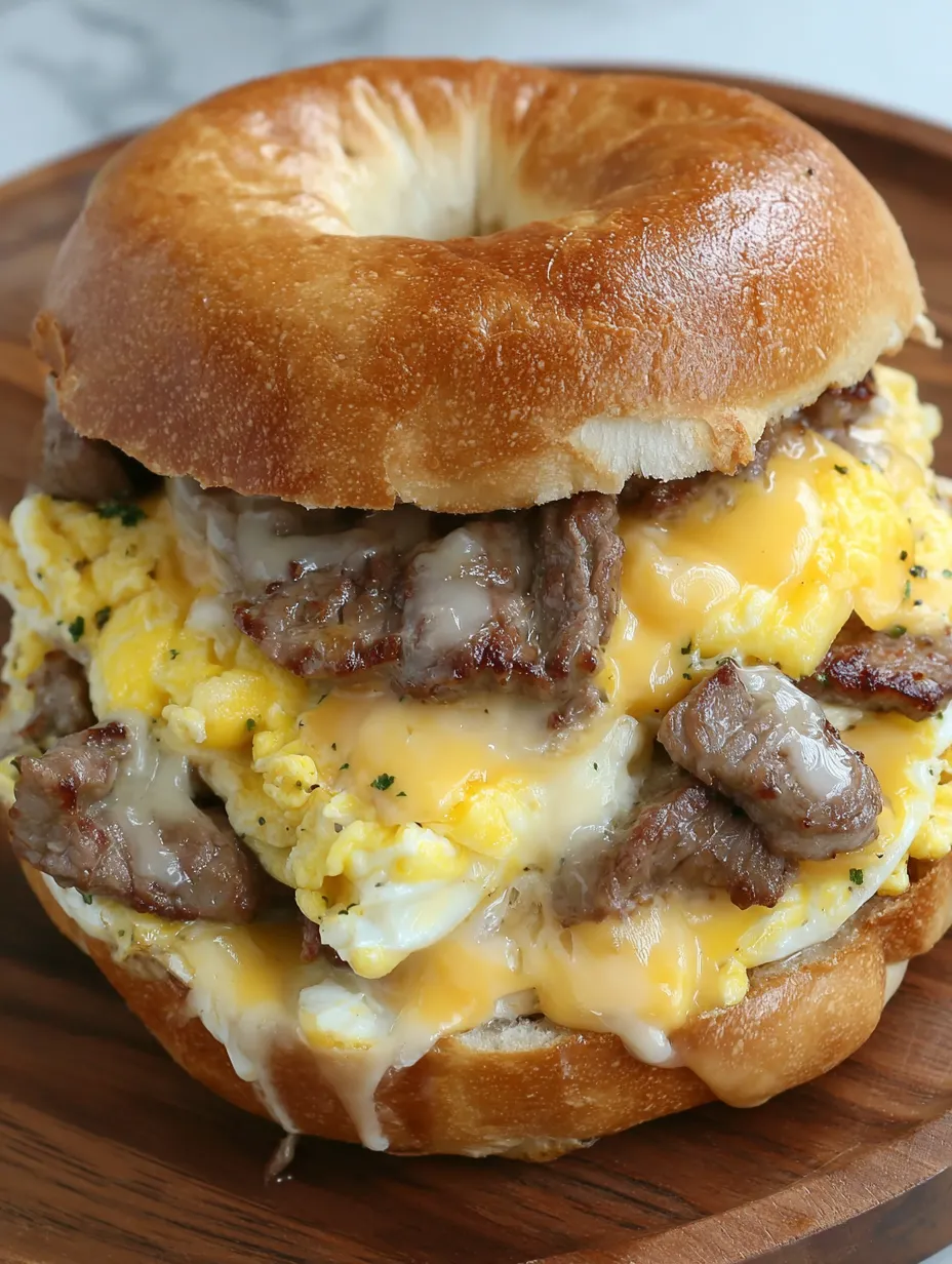A bagel sandwich with eggs, cheese and meat.