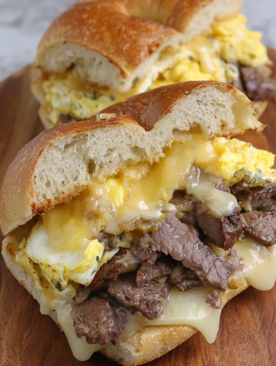 A close up of a bagel sandwich with egg, cheese, and steak.