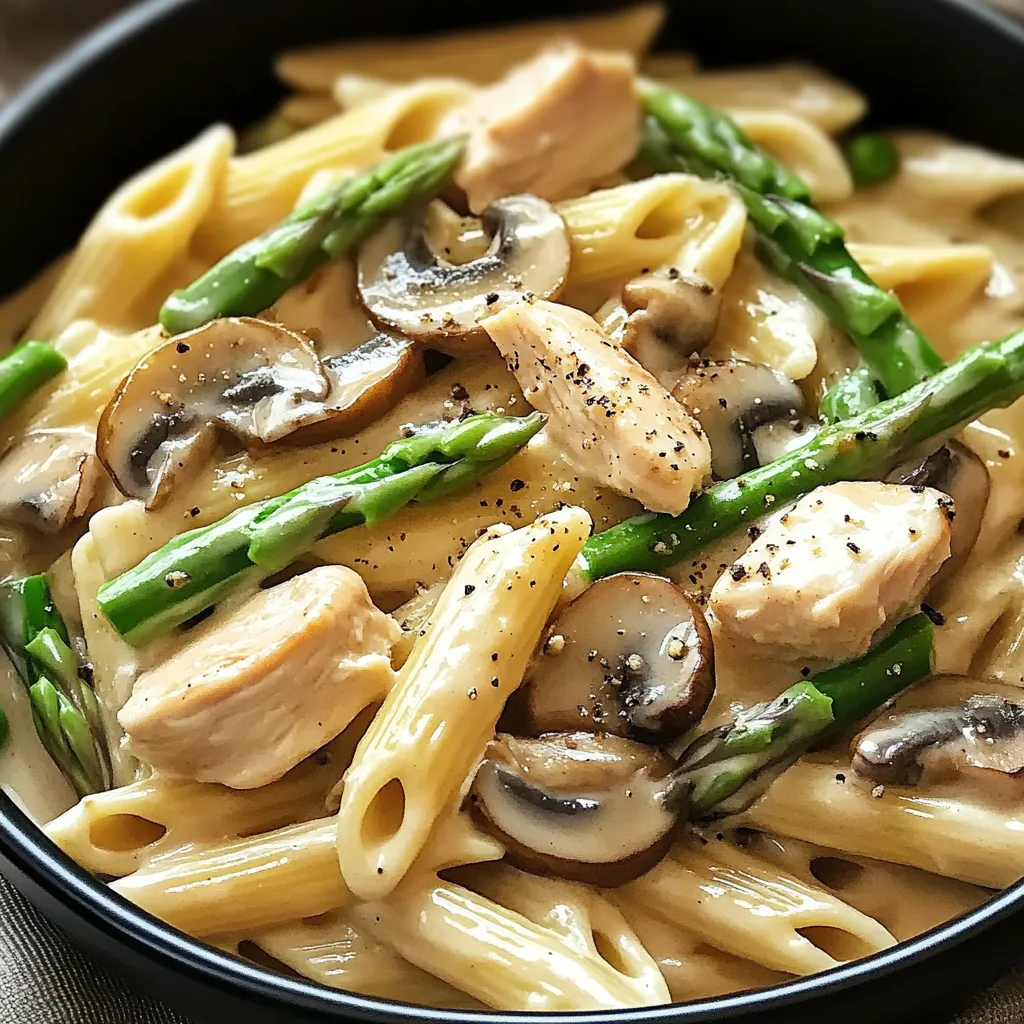 A bowl of pasta with mushrooms and asparagus.