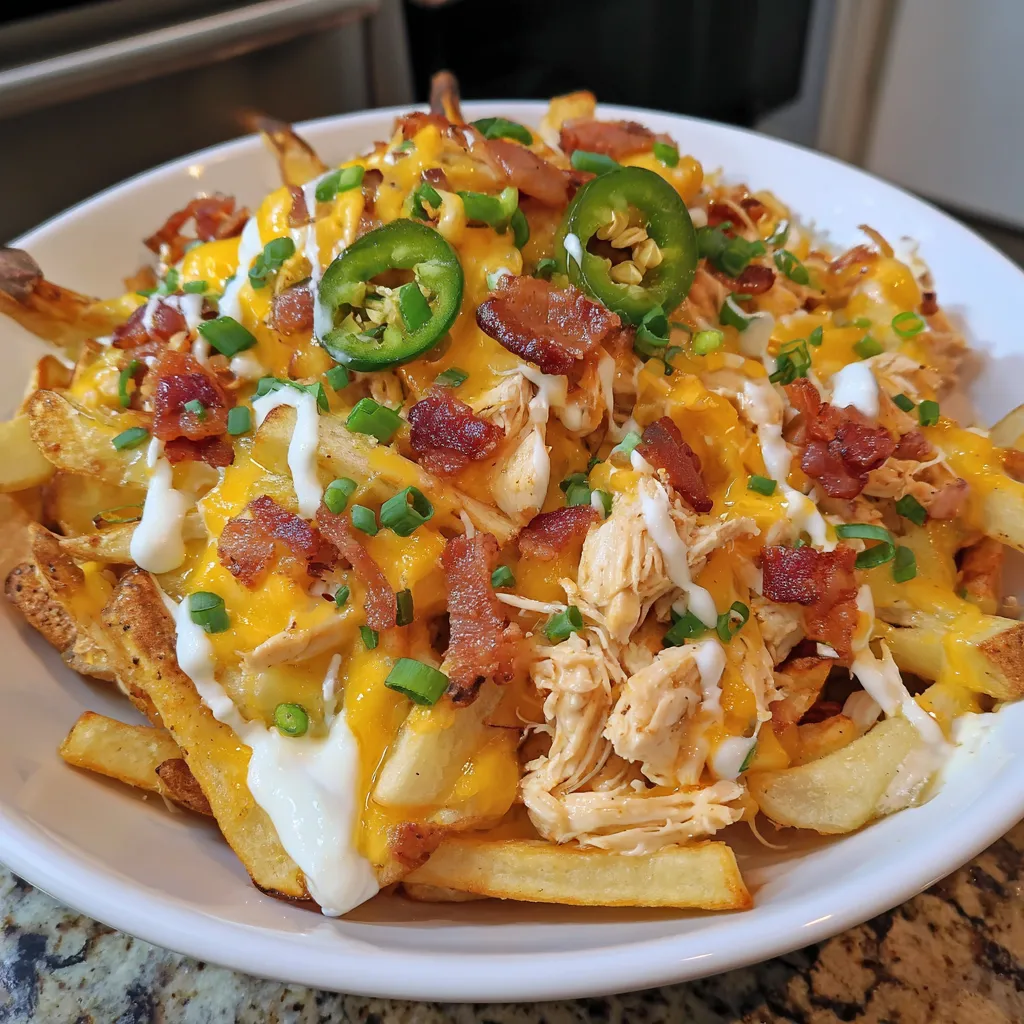 A plate of bacon ranch chicken cheese fries.