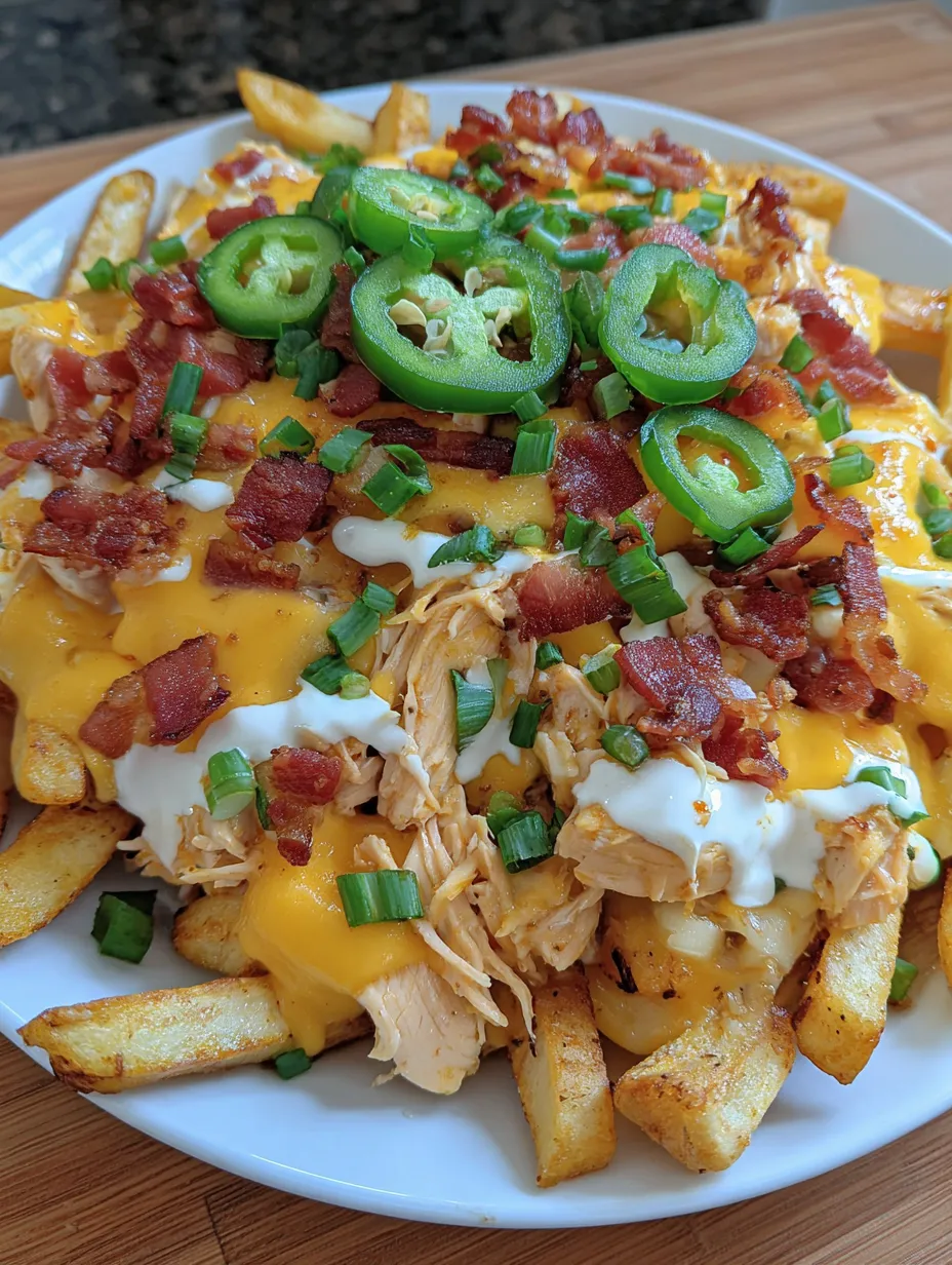 A plate of jalapeno bacon ranch chicken cheese fries.