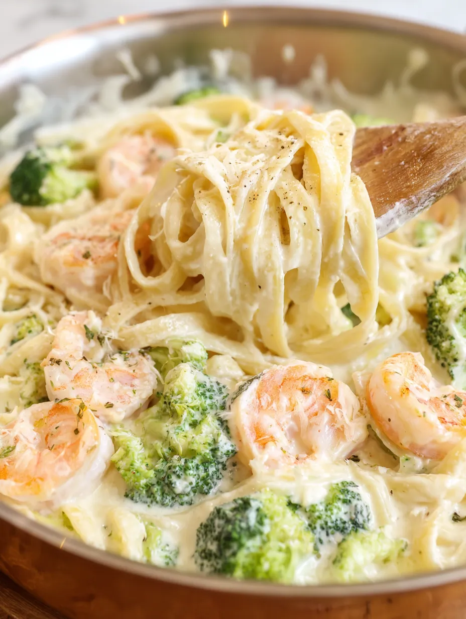A close up of a bowl of shrimp Alfredo.
