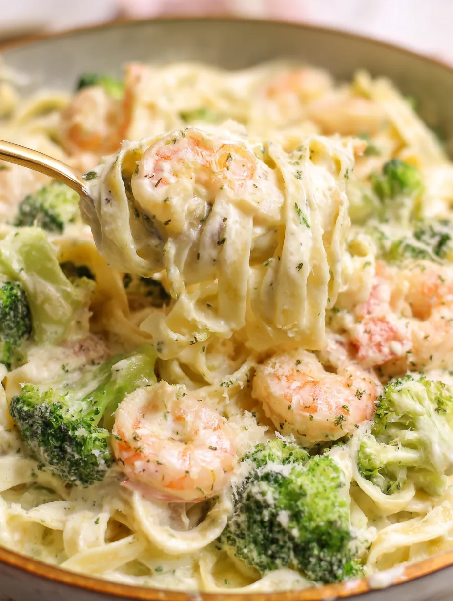 A fork is in a bowl of shrimp Alfredo.