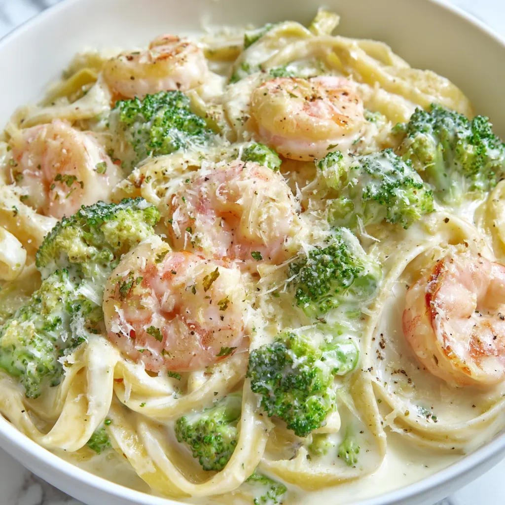 A bowl of shrimp Alfredo.
