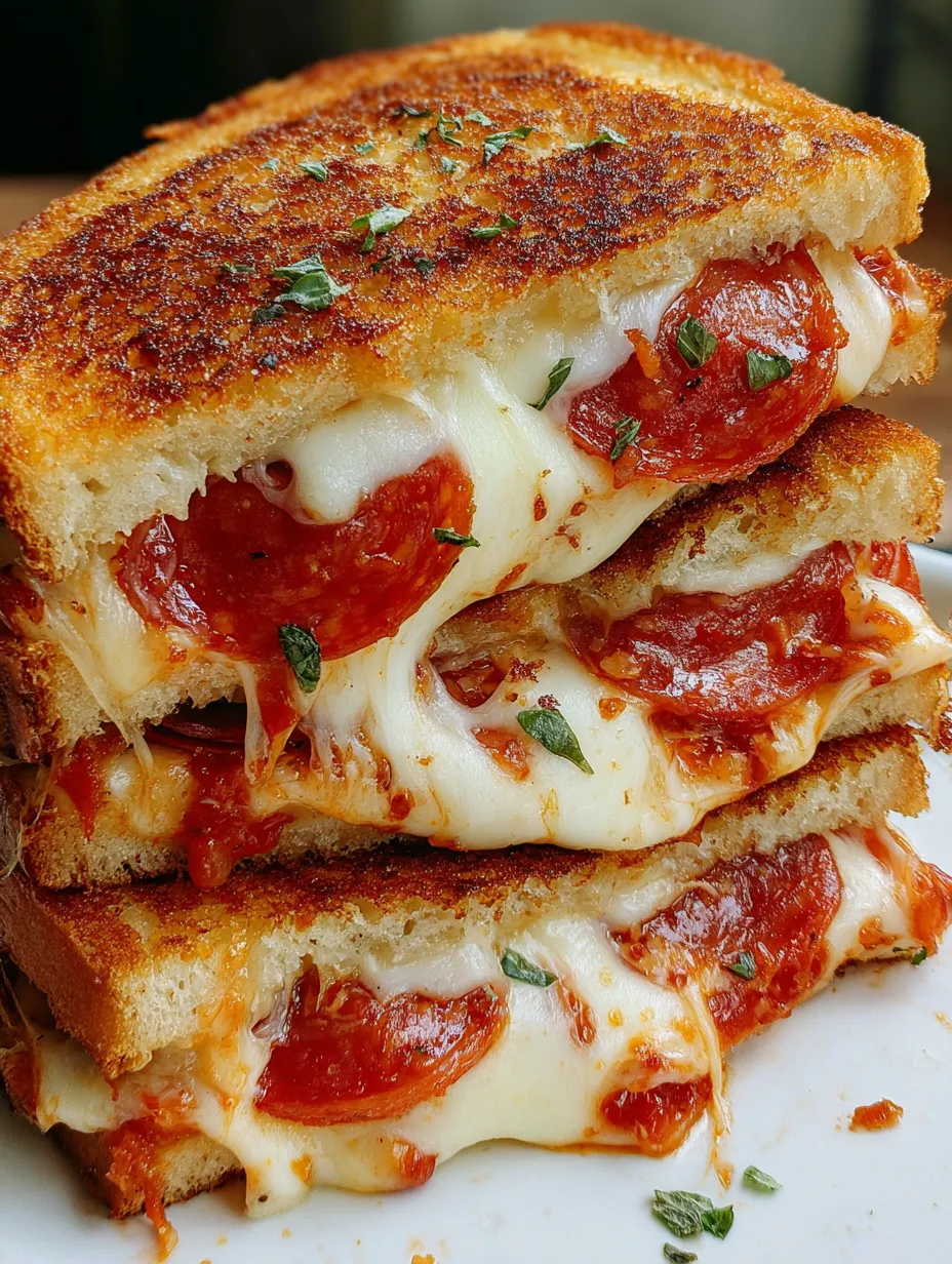 A stack of grilled cheese sandwiches with pepperoni.