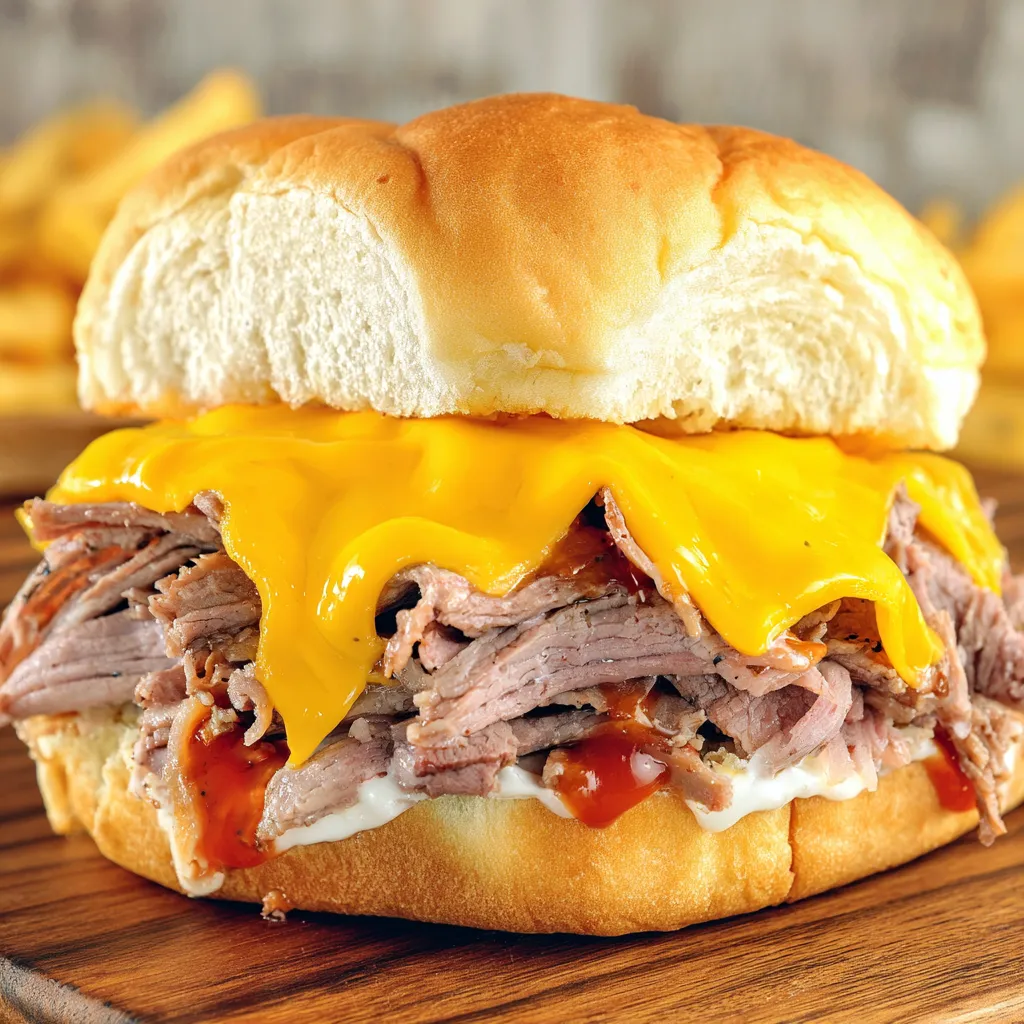 A sandwich with meat and cheese on a bun.