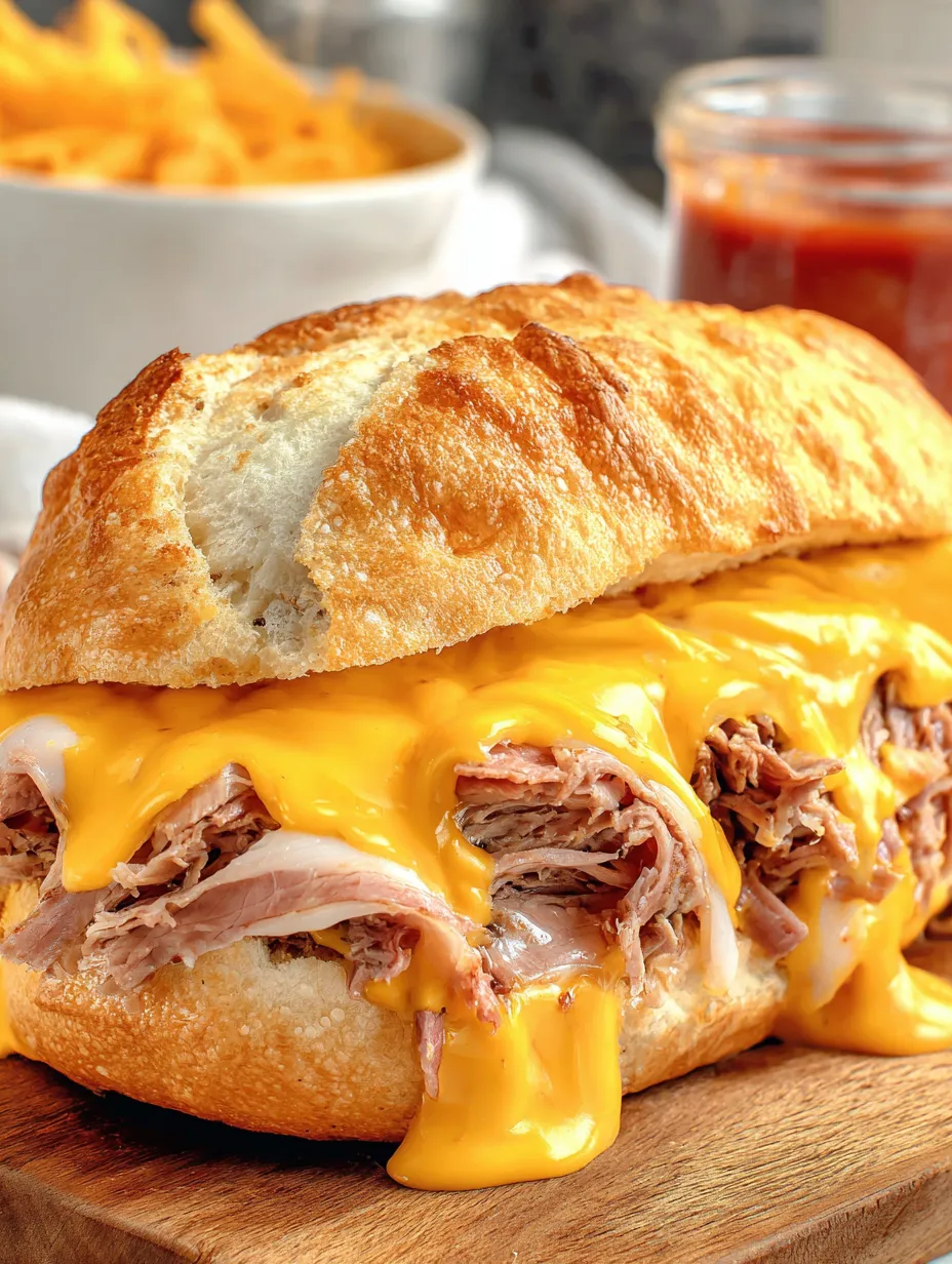 A sandwich with melted cheese and meat.