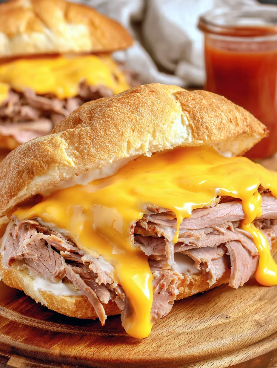 A sandwich with melted cheese and meat.