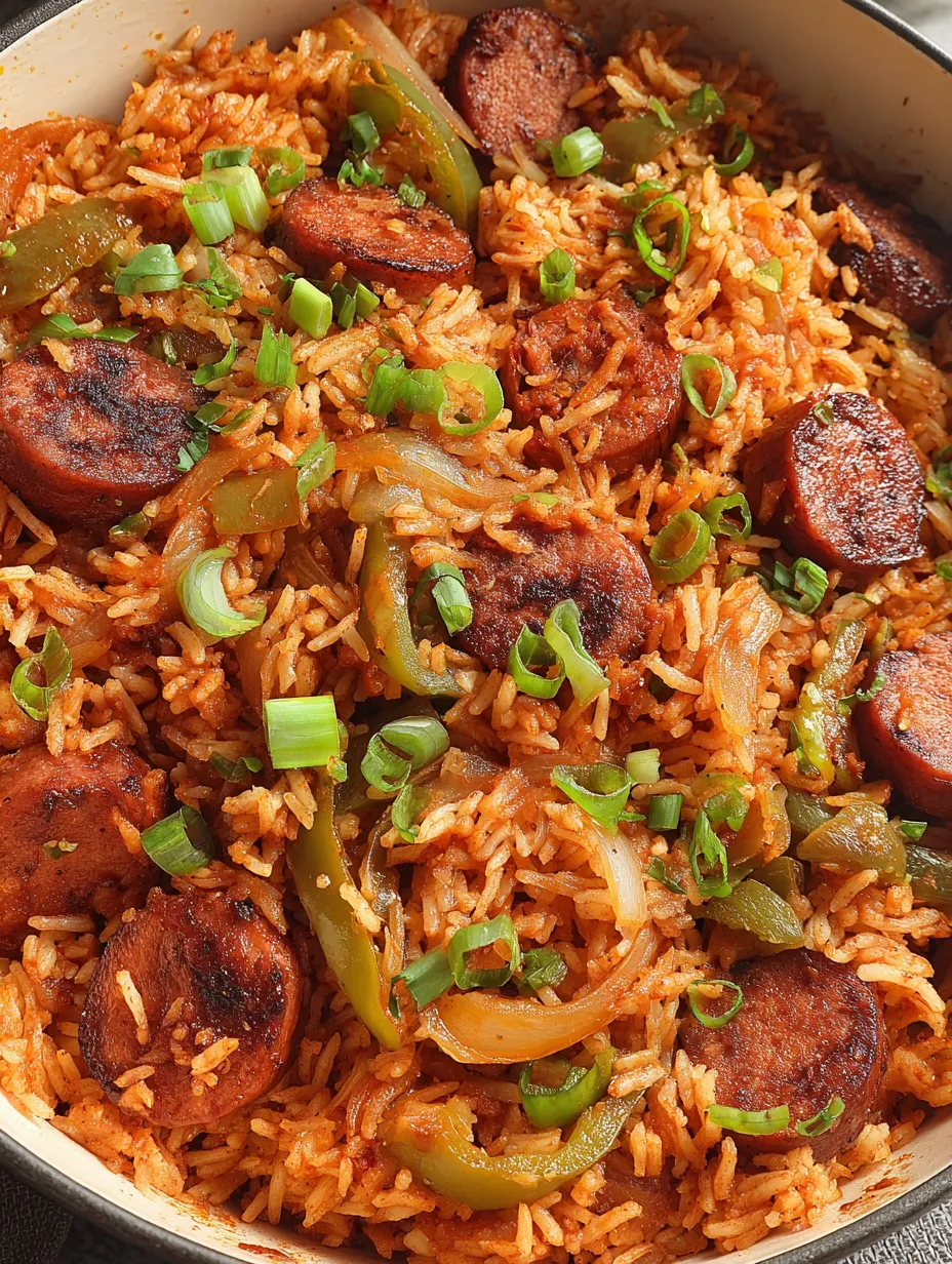 A plate of rice and sausage.