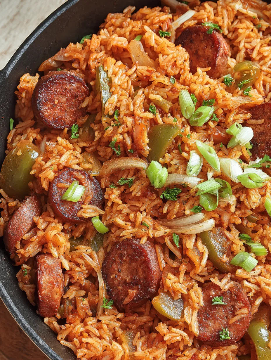 A dish of rice and sausage.