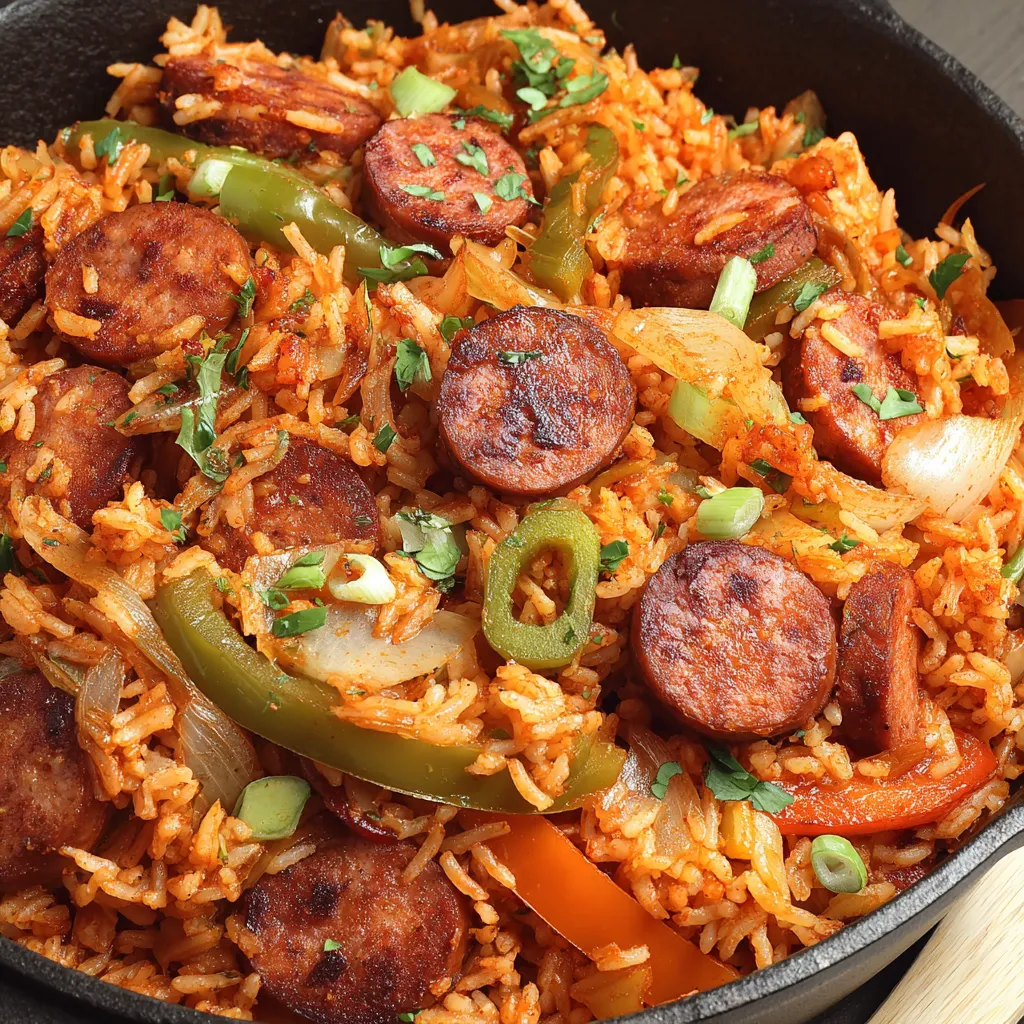 A dish of rice and sausage.