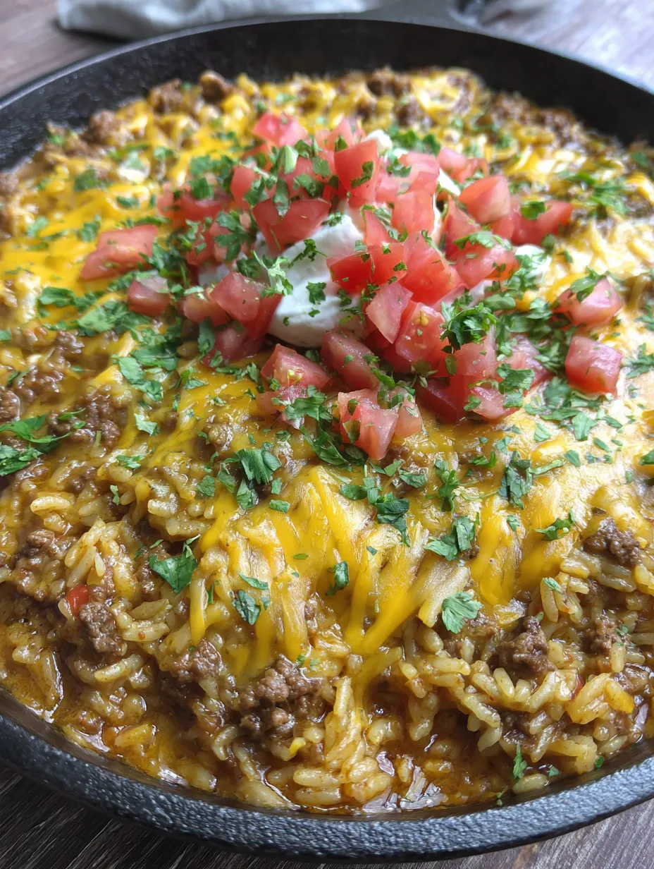 A delicious cheesy taco rice skillet dinner.