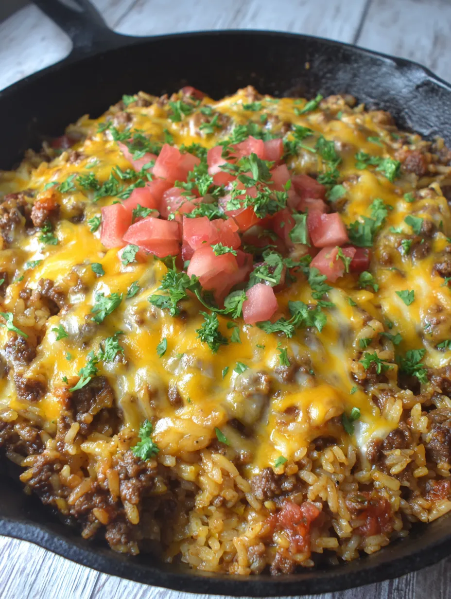 A delicious cheesy taco rice skillet dinner.