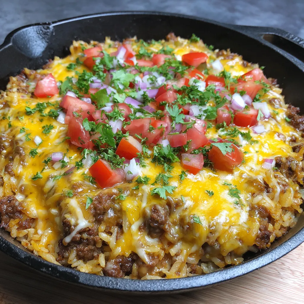 A delicious cheesy taco rice skillet dinner.