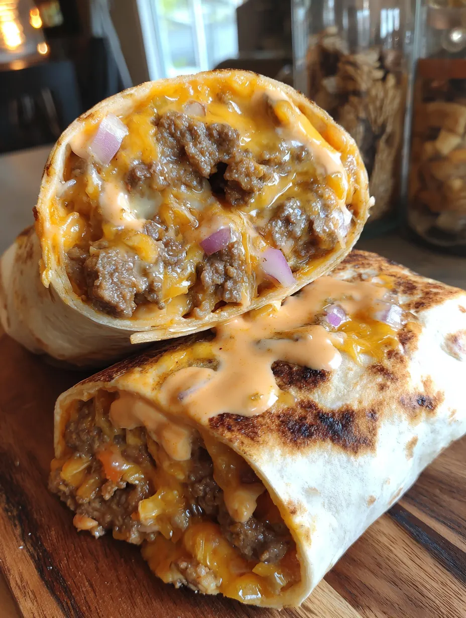 Two cheese burger burritos on a table.