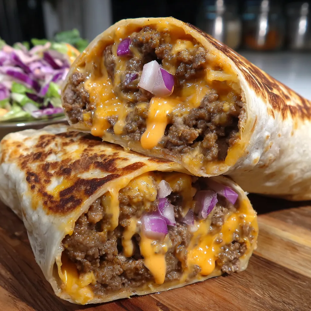 Two cheese burger burritos on a table.