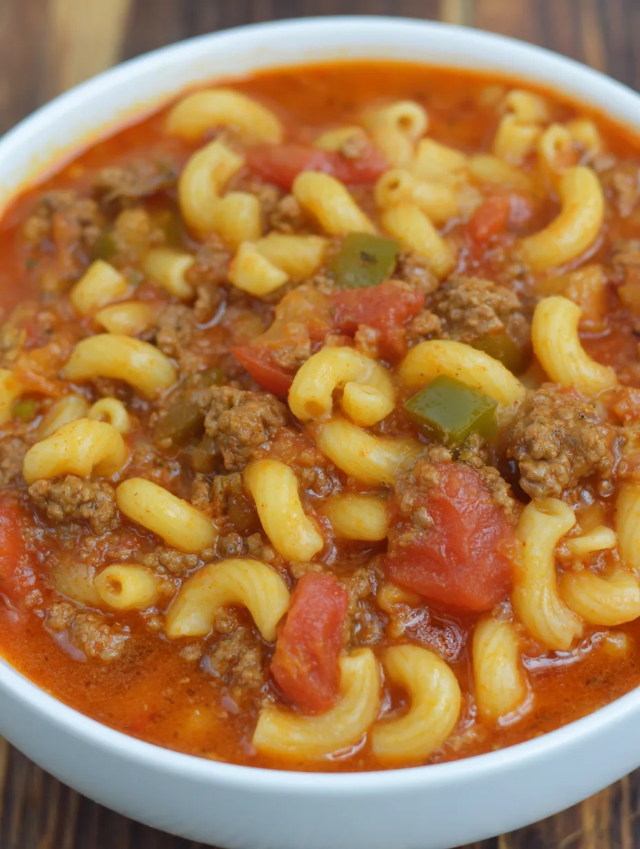 A bowl of beef and tomato macaroni soup.