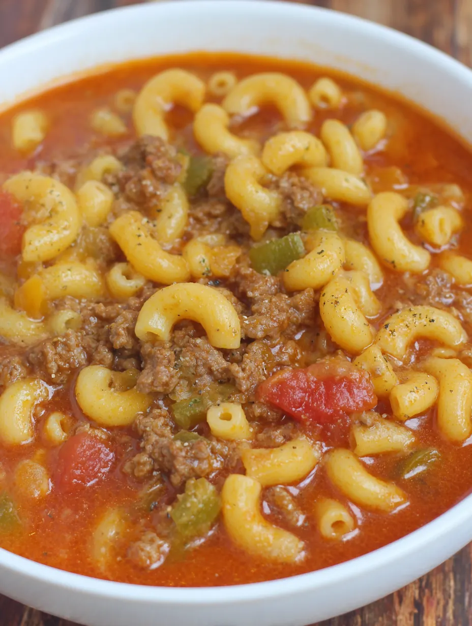 A bowl of beef and tomato macaroni soup.