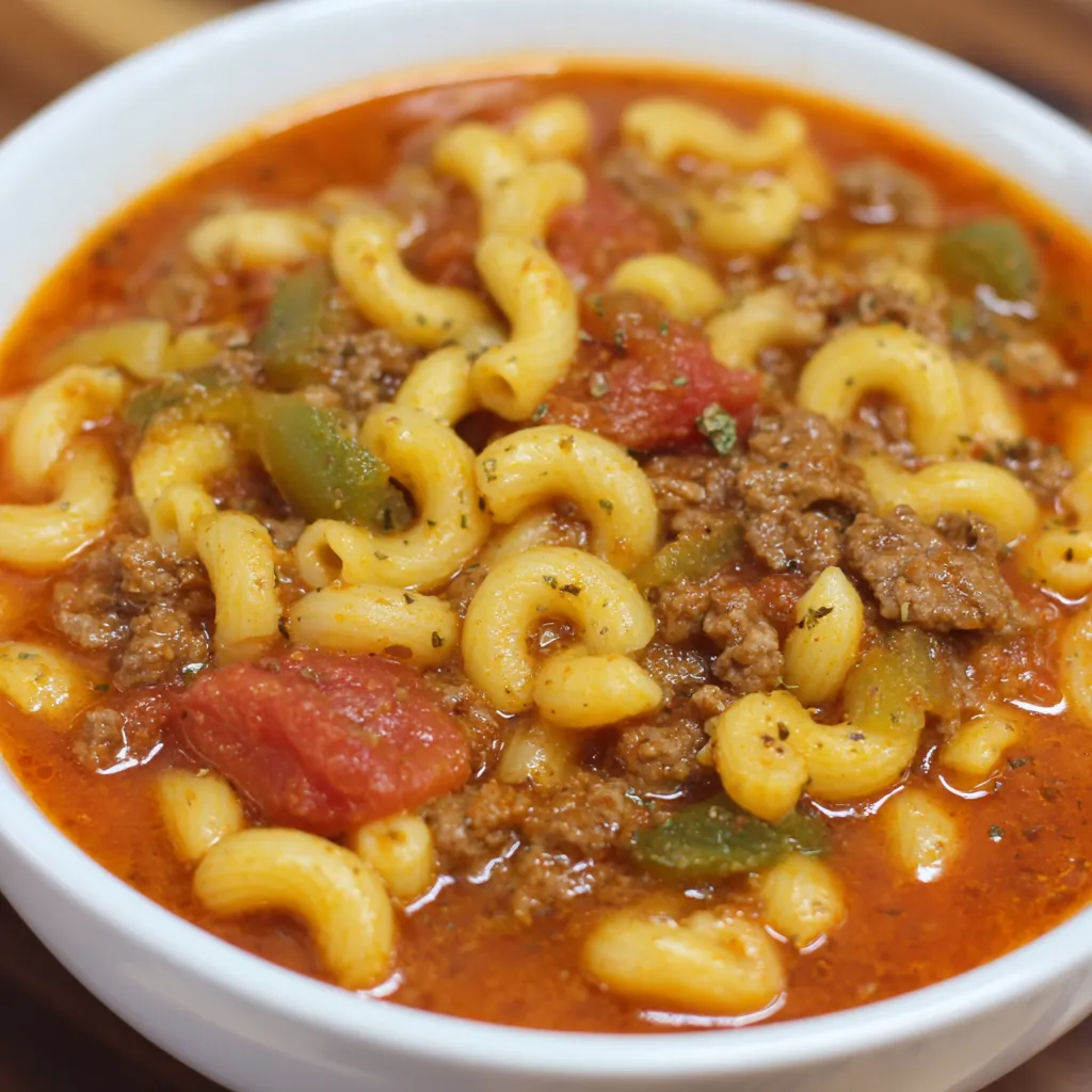 A bowl of beef and tomato macaroni soup.