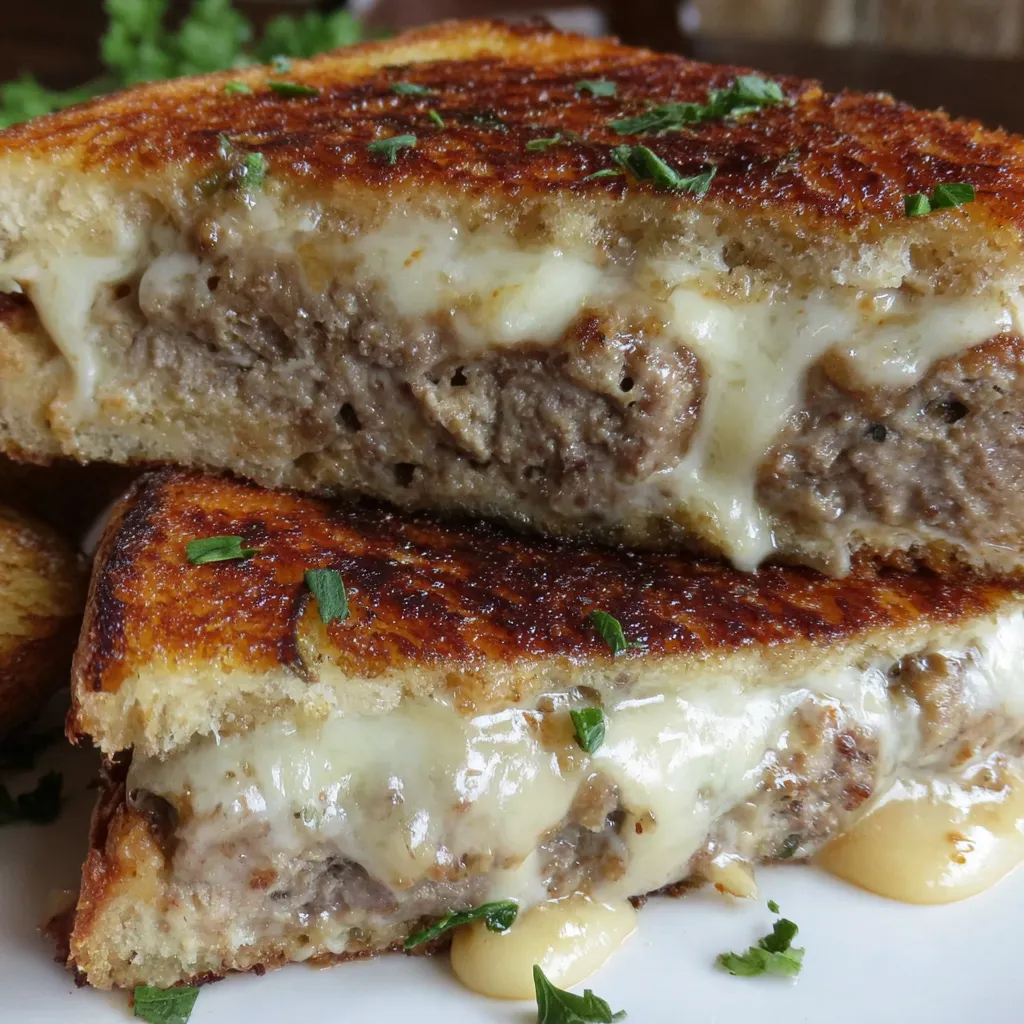 A grilled cheese sandwich with meatloaf in the middle.