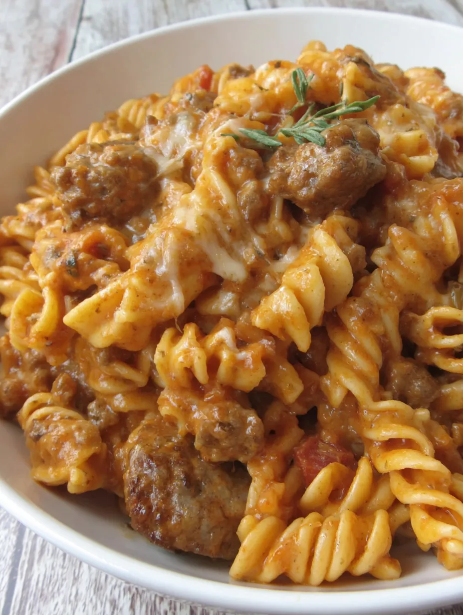 A bowl of Italian sausage pasta.