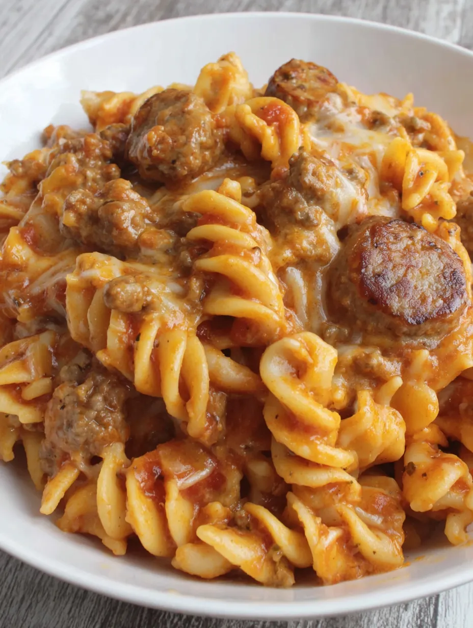 A bowl of Italian sausage pasta.