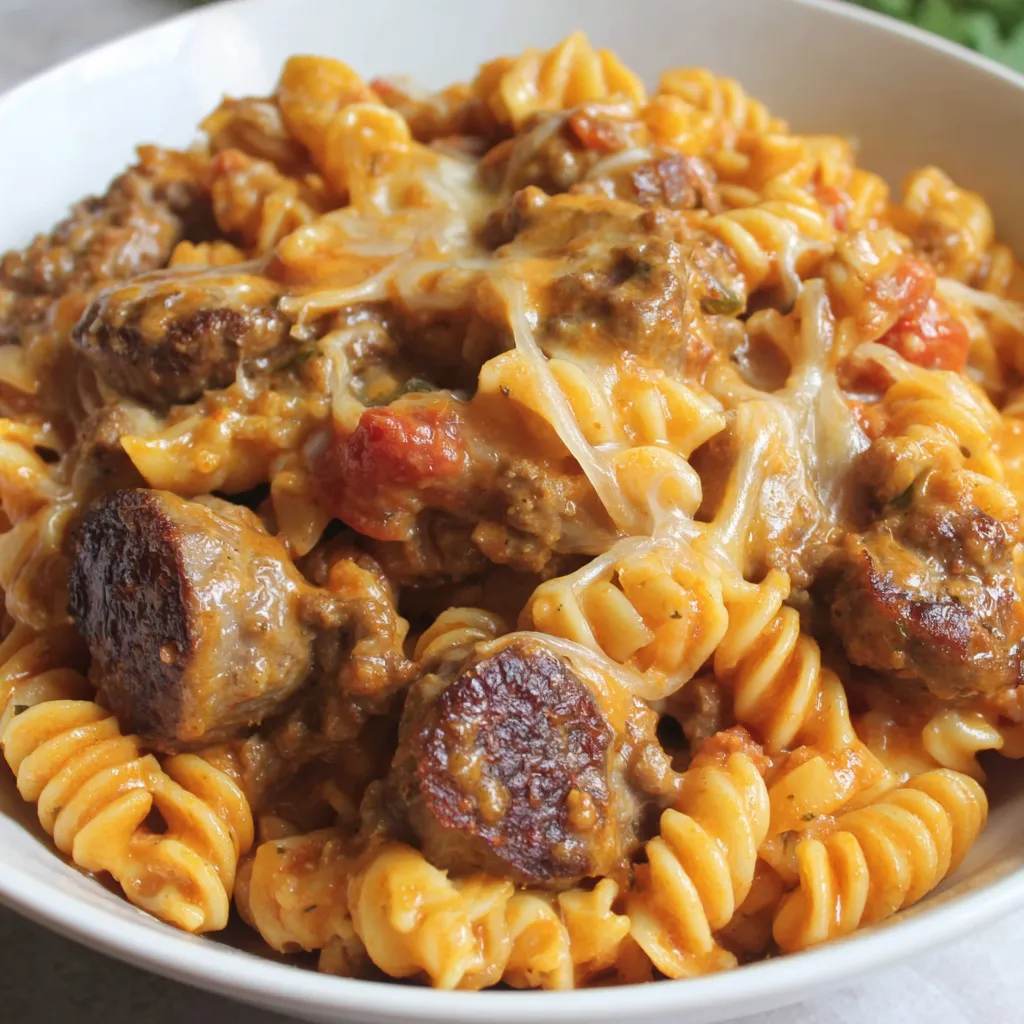 A bowl of Italian sausage pasta.