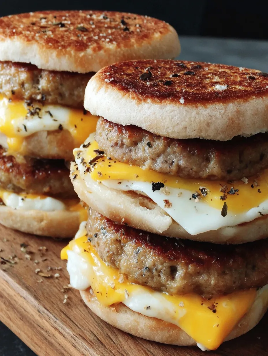 A stack of sausage, egg, and cheese muffins.