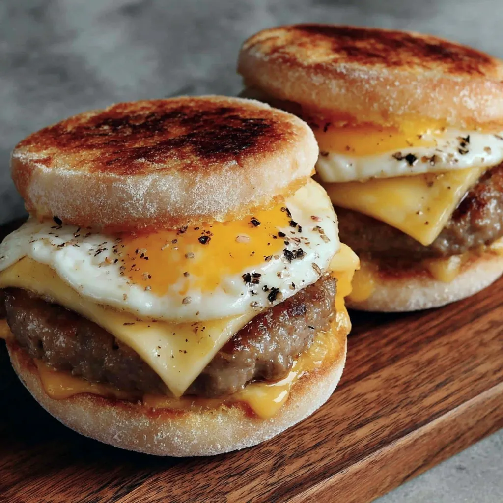 A breakfast sandwich with sausage, egg, and cheese.